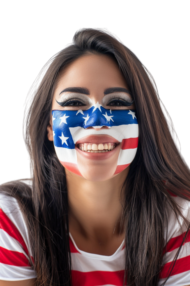 Happy American woman with American flag face paint alone against transparent background png