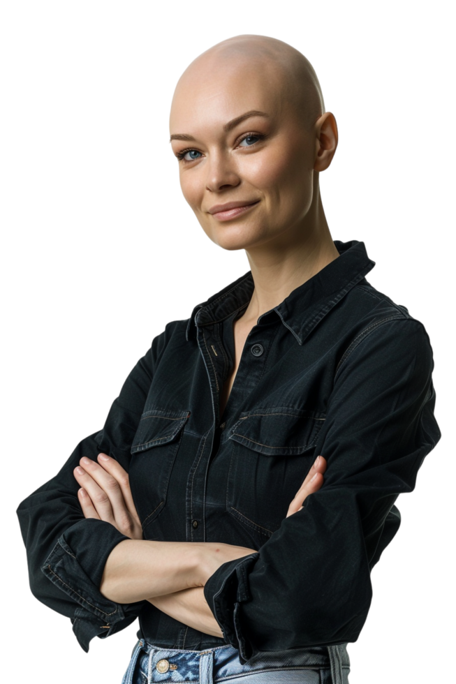 Happy bald woman with crossed arms alone against transparent background png