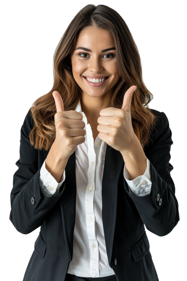 Happy businesswoman giving thumbs up alone against transparent background png