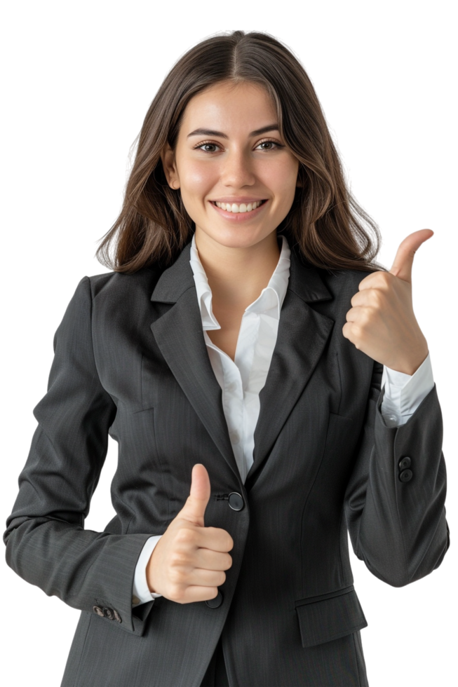 Happy businesswoman giving thumbs up alone against transparent background png
