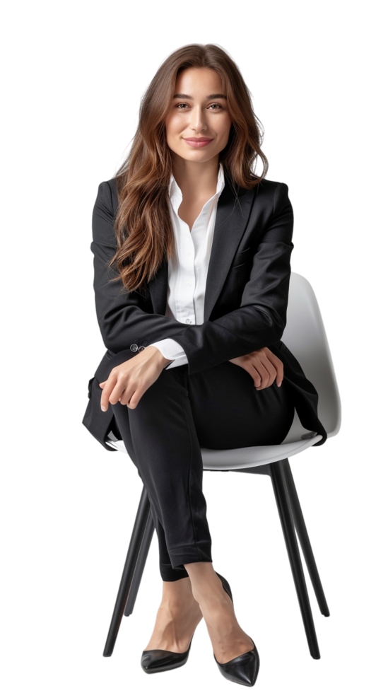 Happy businesswoman sitting with crossed legs alone against transparent background png
