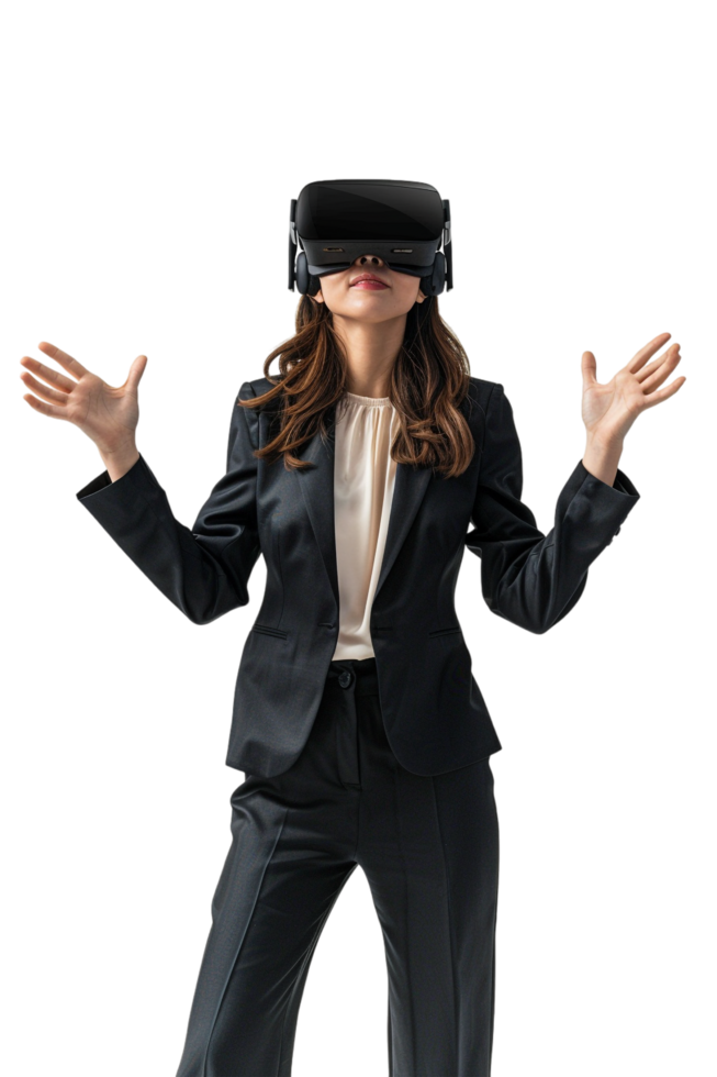 Happy businesswoman using VR headset alone against transparent background png