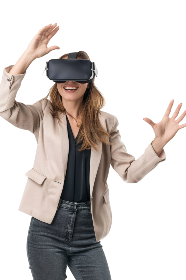 Happy businesswoman using VR headset alone against transparent background png