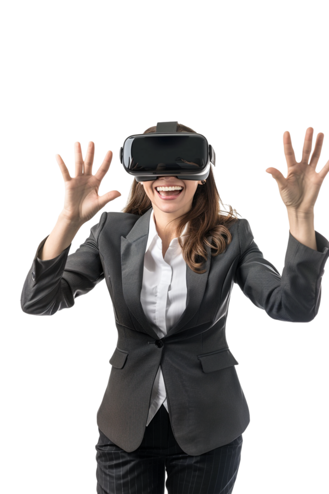 Happy businesswoman using VR headset alone against transparent background png