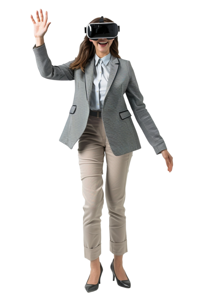 Happy businesswoman using VR headset alone against transparent background png