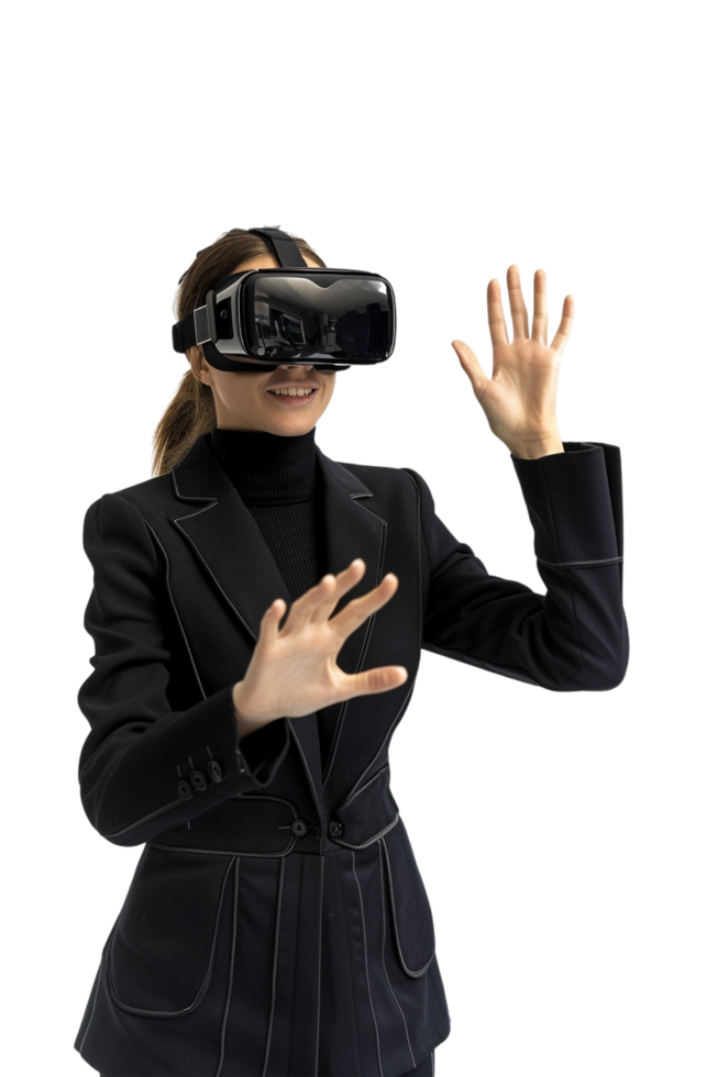 Happy businesswoman using VR headset alone against transparent background png
