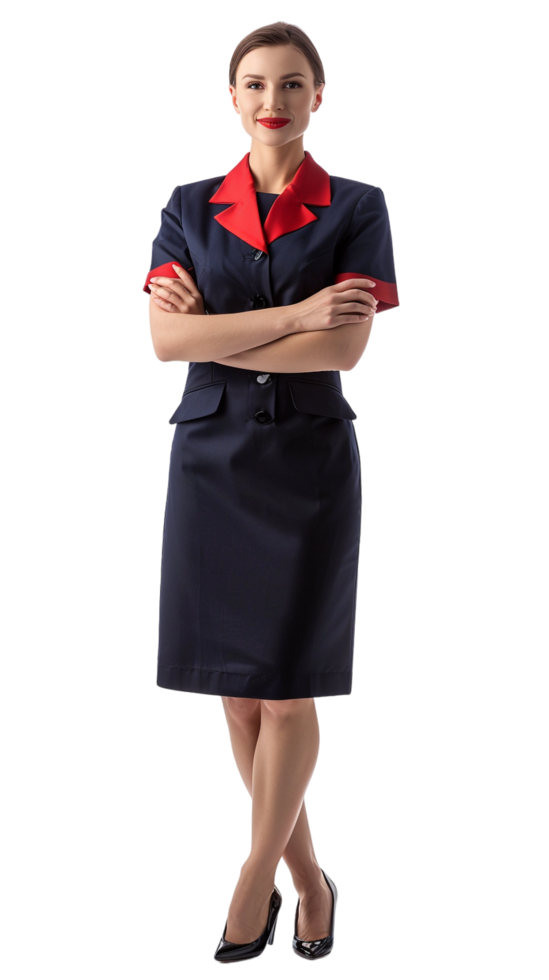 Happy flight attendant stewardess with crossed arms alone against transparent background png