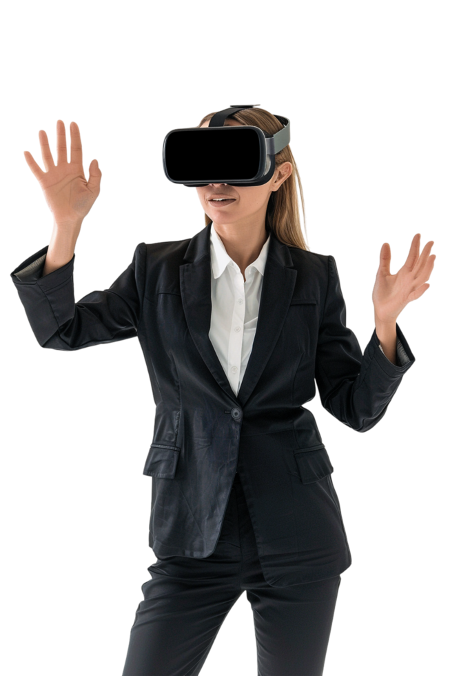 Happy businesswoman using VR headset alone against transparent background png