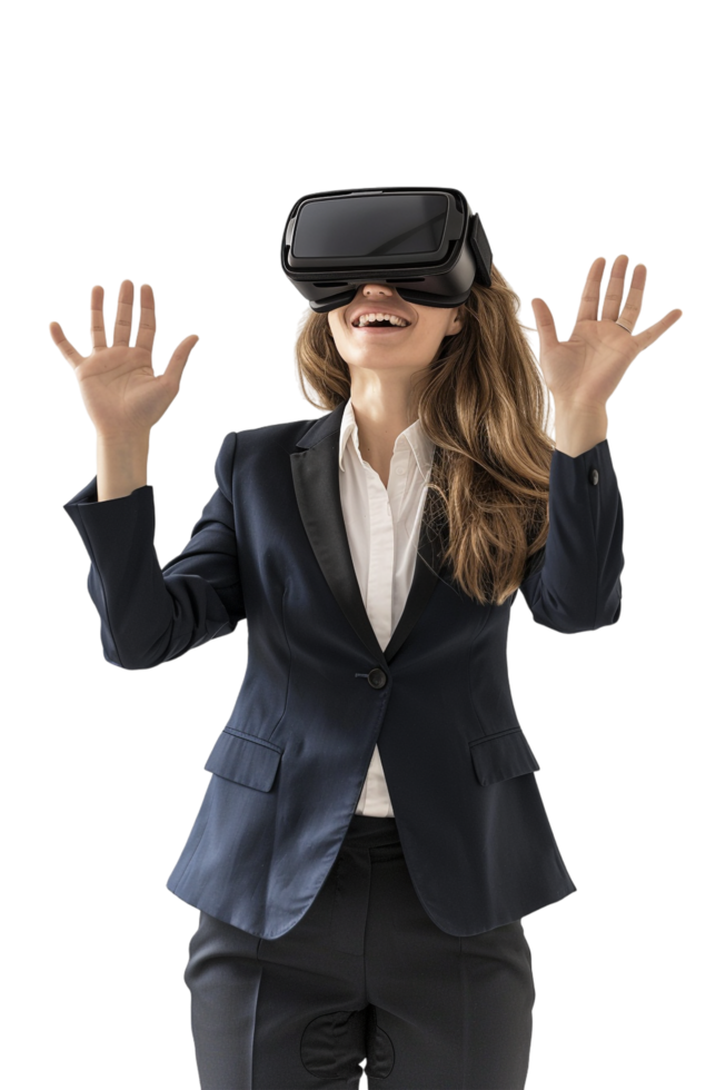 Happy businesswoman using VR headset alone against transparent background png