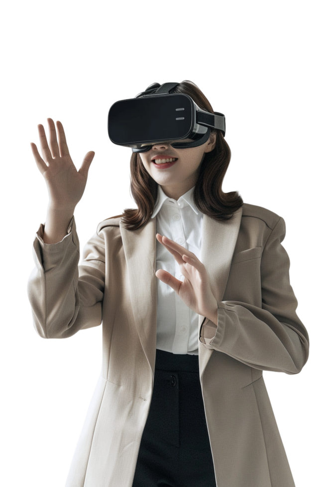 Happy businesswoman using VR headset alone against transparent background png