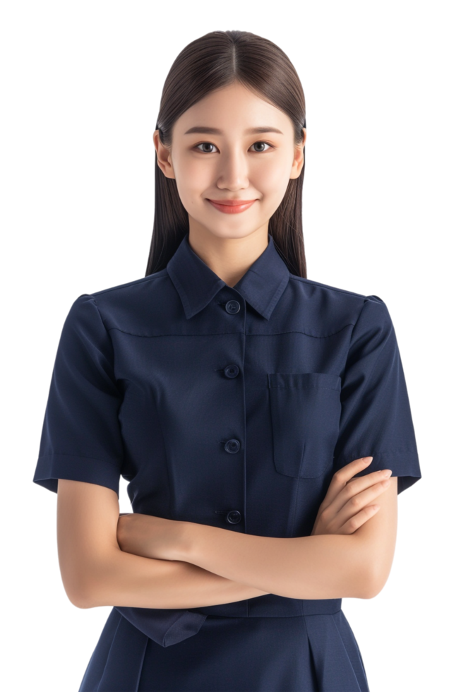 Happy flight attendant stewardess with crossed arms alone against transparent background png