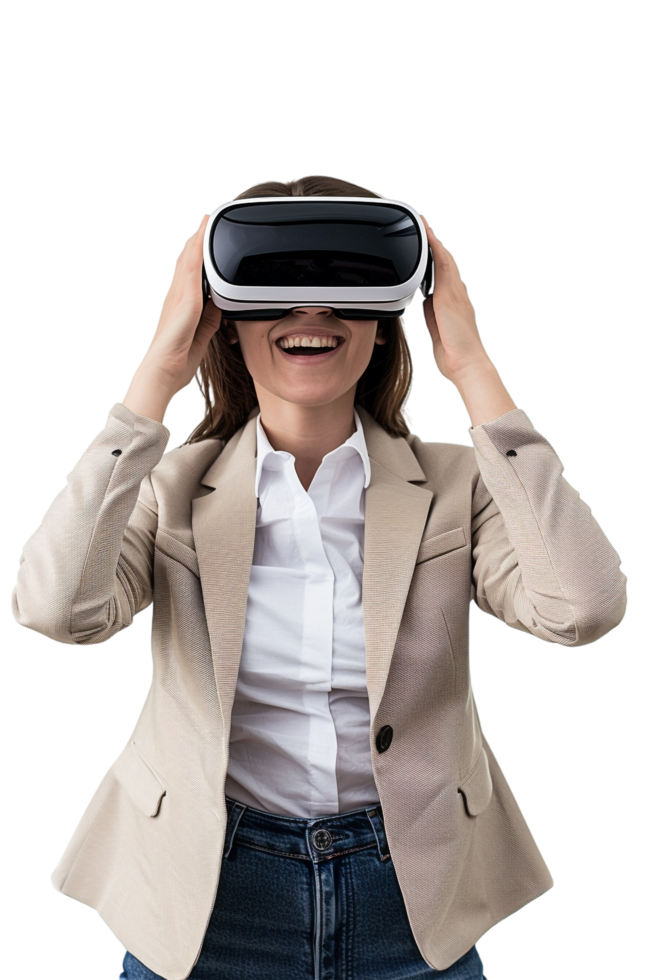 Happy businesswoman using VR headset alone against transparent background png
