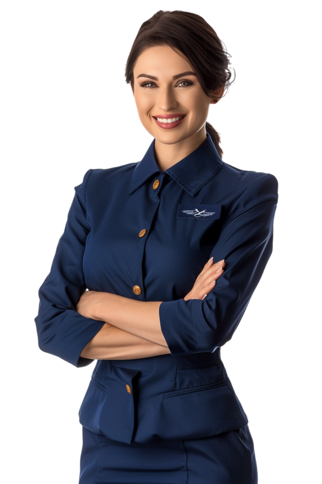 Happy flight attendant stewardess with crossed arms alone against transparent background png