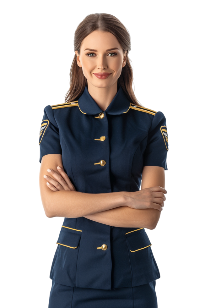 Happy flight attendant stewardess with crossed arms alone against transparent background png