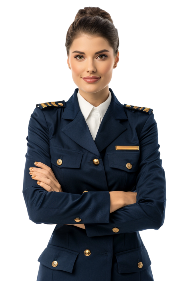Happy flight attendant stewardess with crossed arms alone against transparent background png