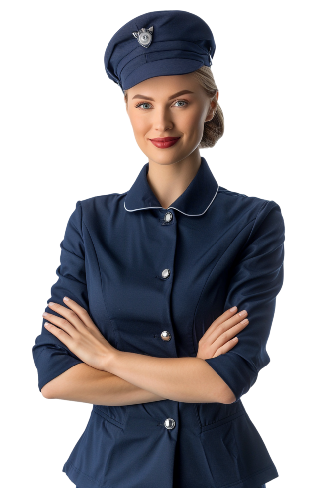 Happy flight attendant stewardess with crossed arms alone against transparent background png