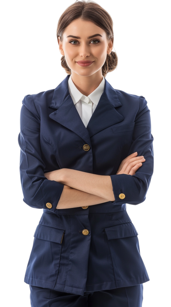 Happy flight attendant stewardess with crossed arms alone against transparent background png