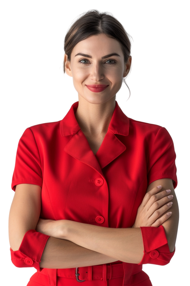 Happy flight attendant stewardess with crossed arms alone against transparent background png