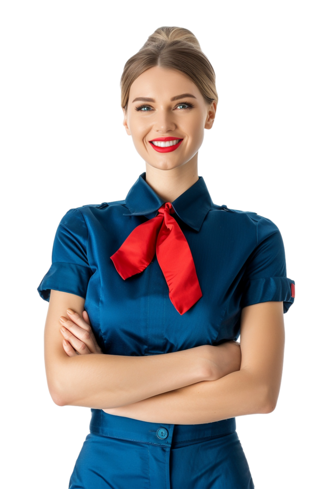 Happy flight attendant stewardess with crossed arms alone against transparent background png