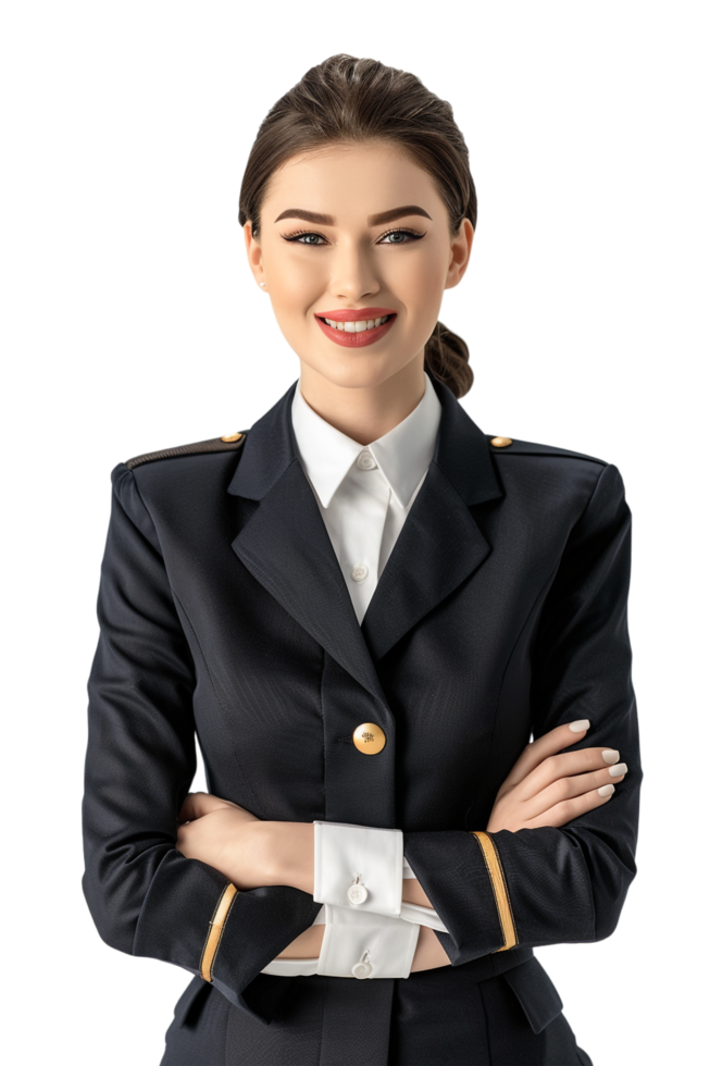 Happy flight attendant stewardess with crossed arms alone against transparent background png