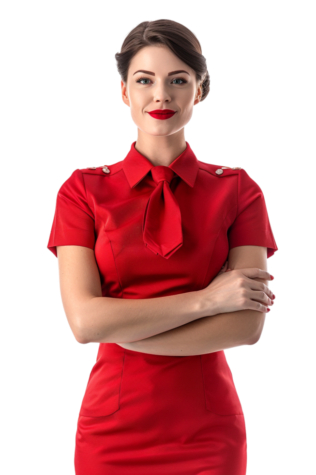 Happy flight attendant stewardess with crossed arms alone against transparent background png