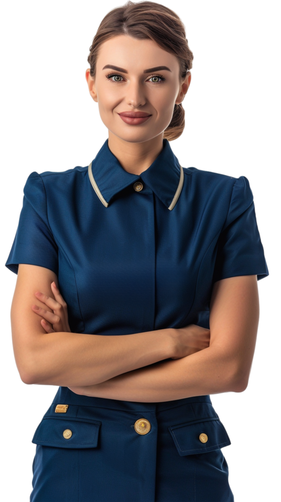 Happy flight attendant stewardess with crossed arms alone against transparent background png