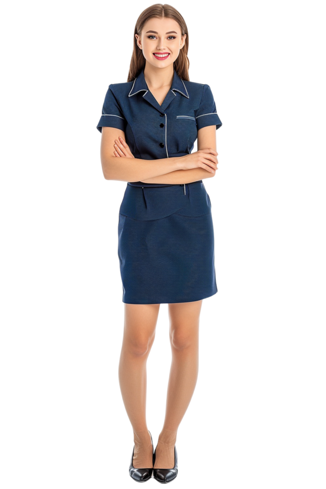 Happy flight attendant stewardess with crossed arms alone against transparent background png
