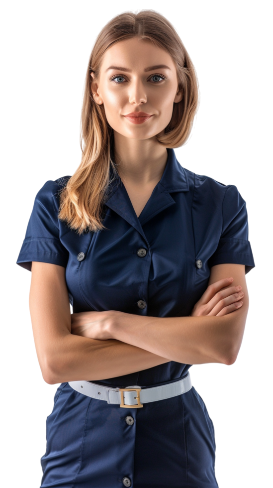 Happy flight attendant stewardess with crossed arms alone against transparent background png