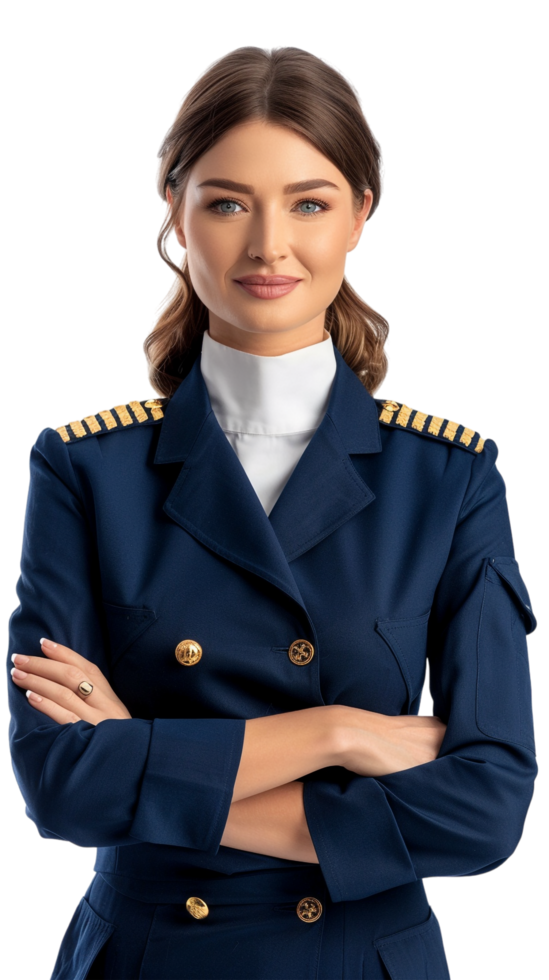 Happy flight attendant stewardess with crossed arms alone against transparent background png