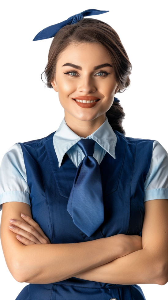 Happy flight attendant stewardess with crossed arms alone against transparent background png