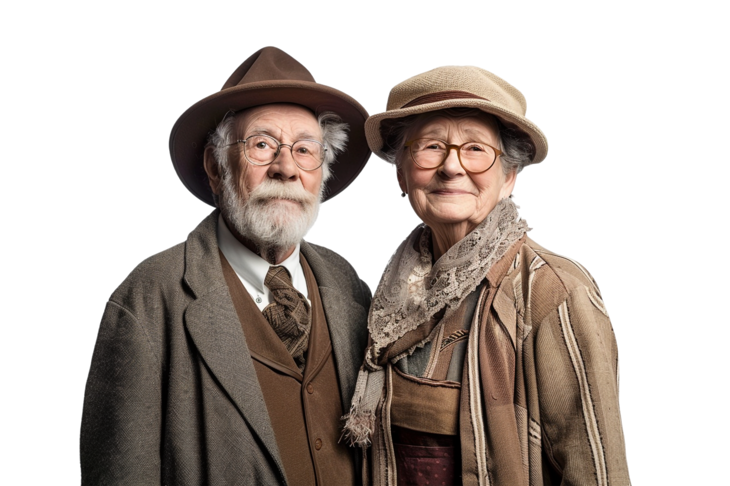 Happy grandparents wearing old fashioned clothes alone against transparent background png