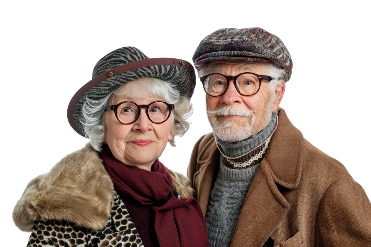 Happy grandparents wearing old fashioned clothes alone against transparent background png