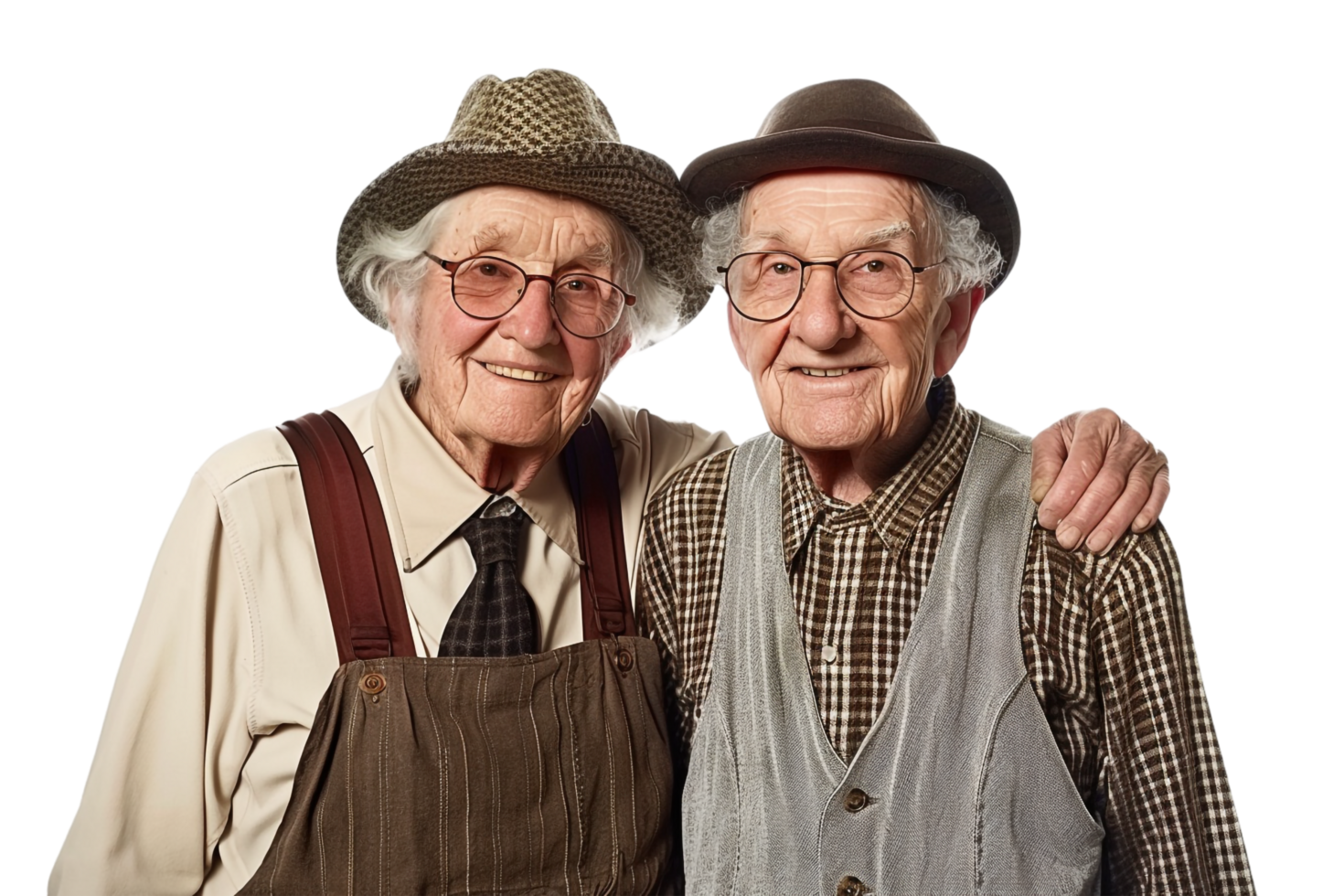 Happy grandparents wearing old fashioned clothes alone against transparent background png