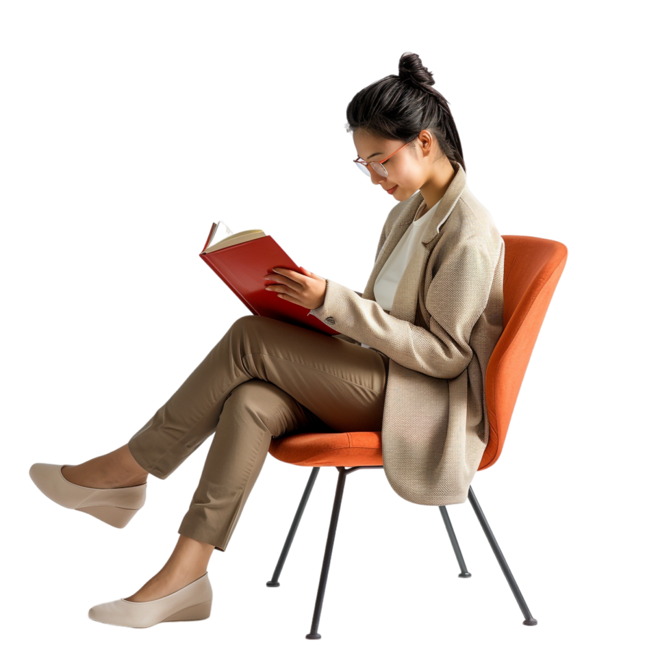 Happy woman reading book while sitting on chair alone against transparent background png