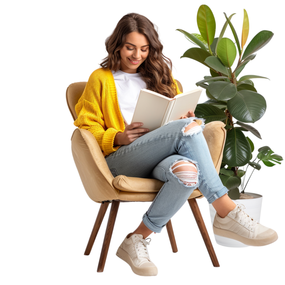 Happy woman reading book while sitting on chair alone against transparent background png