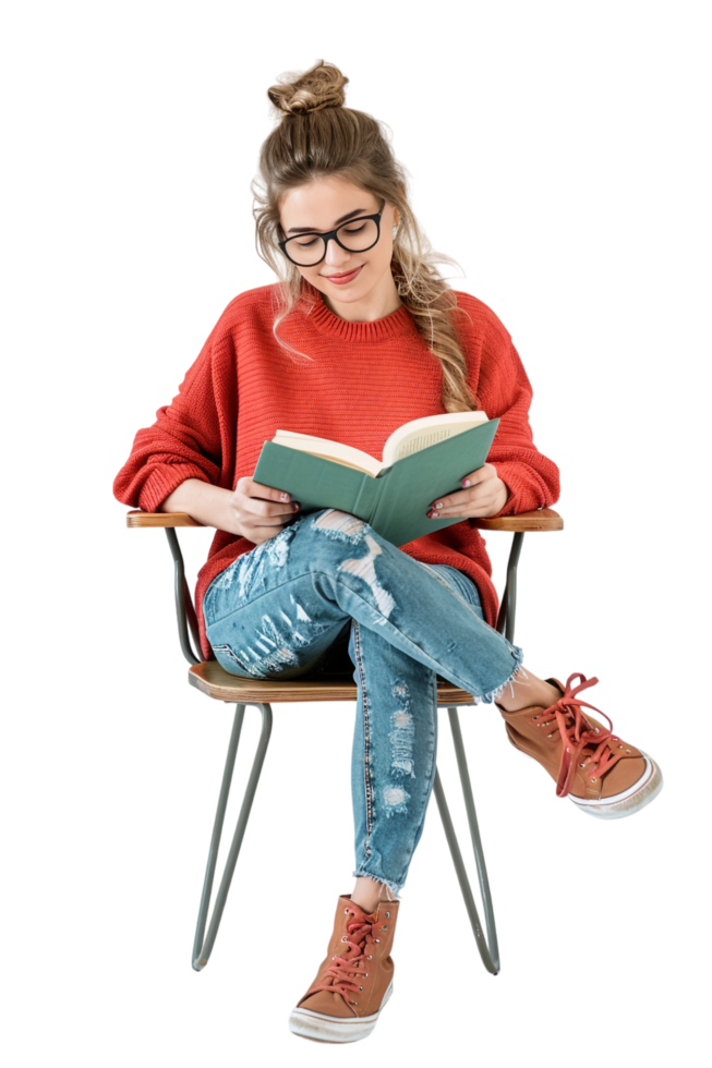 Happy woman reading book while sitting on chair alone against transparent background png