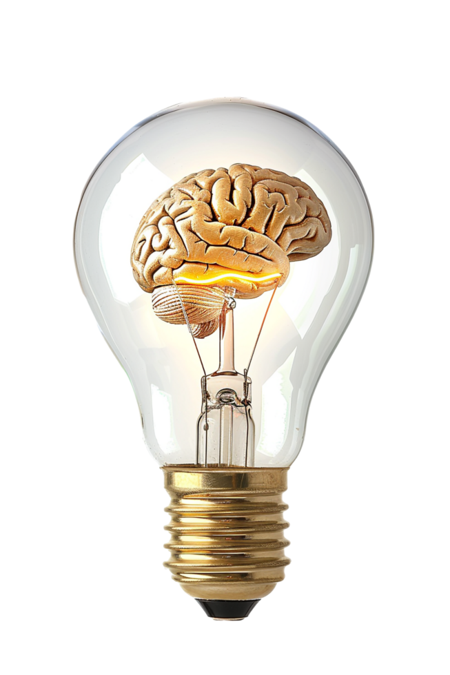 Lightbulb with brain alone against transparent background png