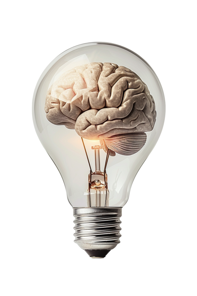Lightbulb with brain alone against transparent background png