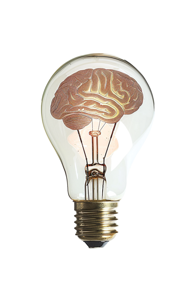 Lightbulb with brain alone against transparent background png