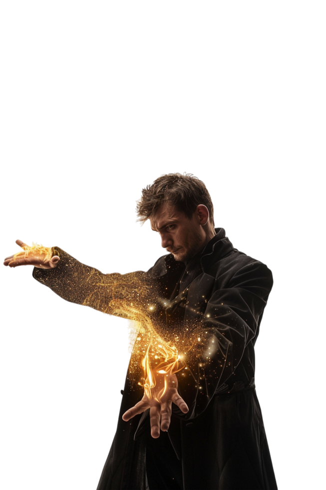 Magician performing fire magic alone against transparent background png