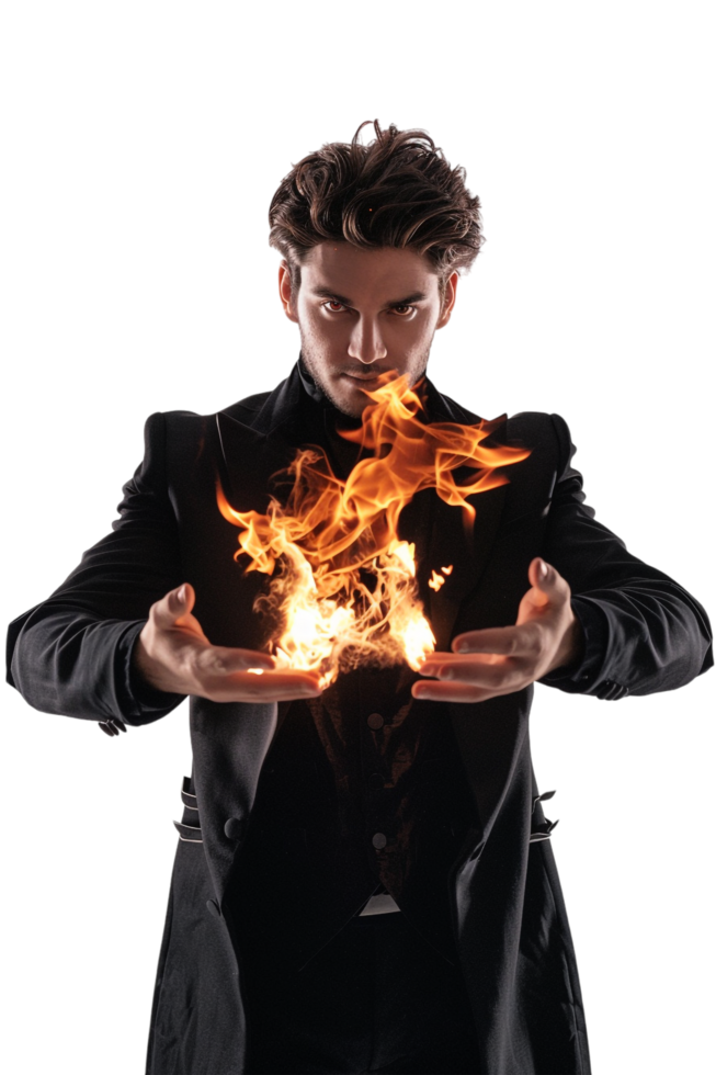 Magician performing fire magic alone against transparent background png