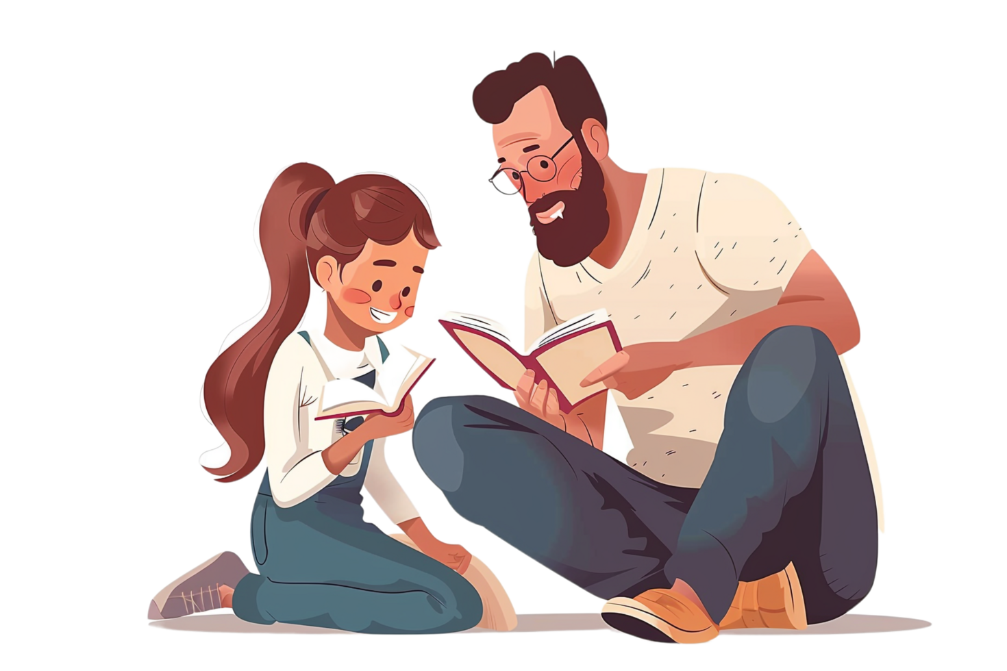 Male Teacher and Girl Student Reading Book Alone png