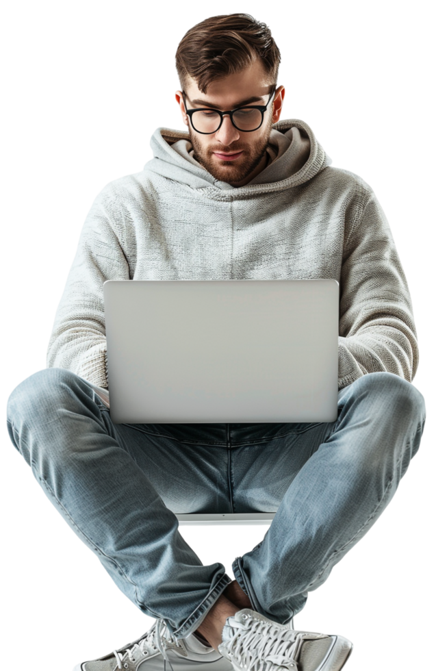 Man with crossed legs using laptop alone against transparent background png