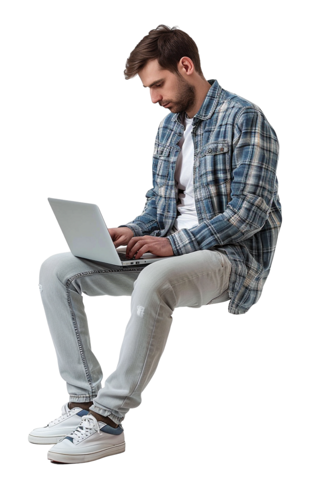 Man with crossed legs using laptop alone against transparent background png