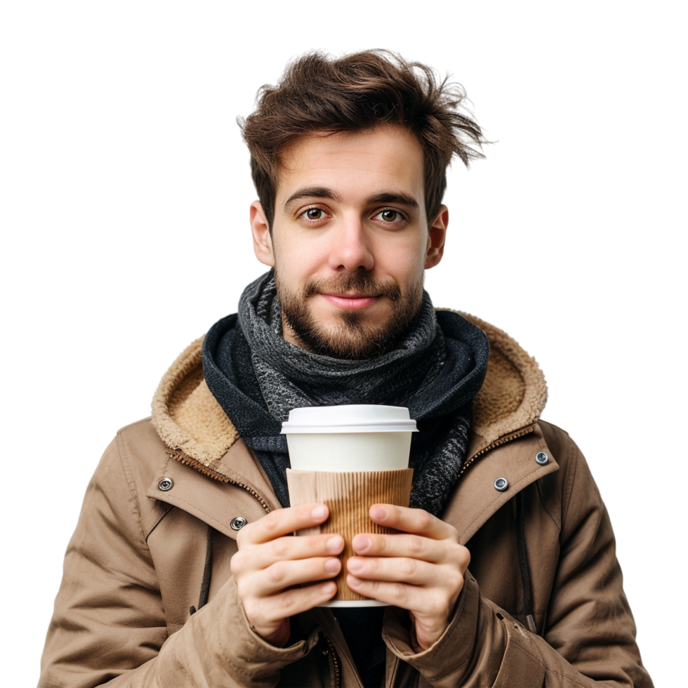 Man with paper cup of coffee isolated on transparent png
