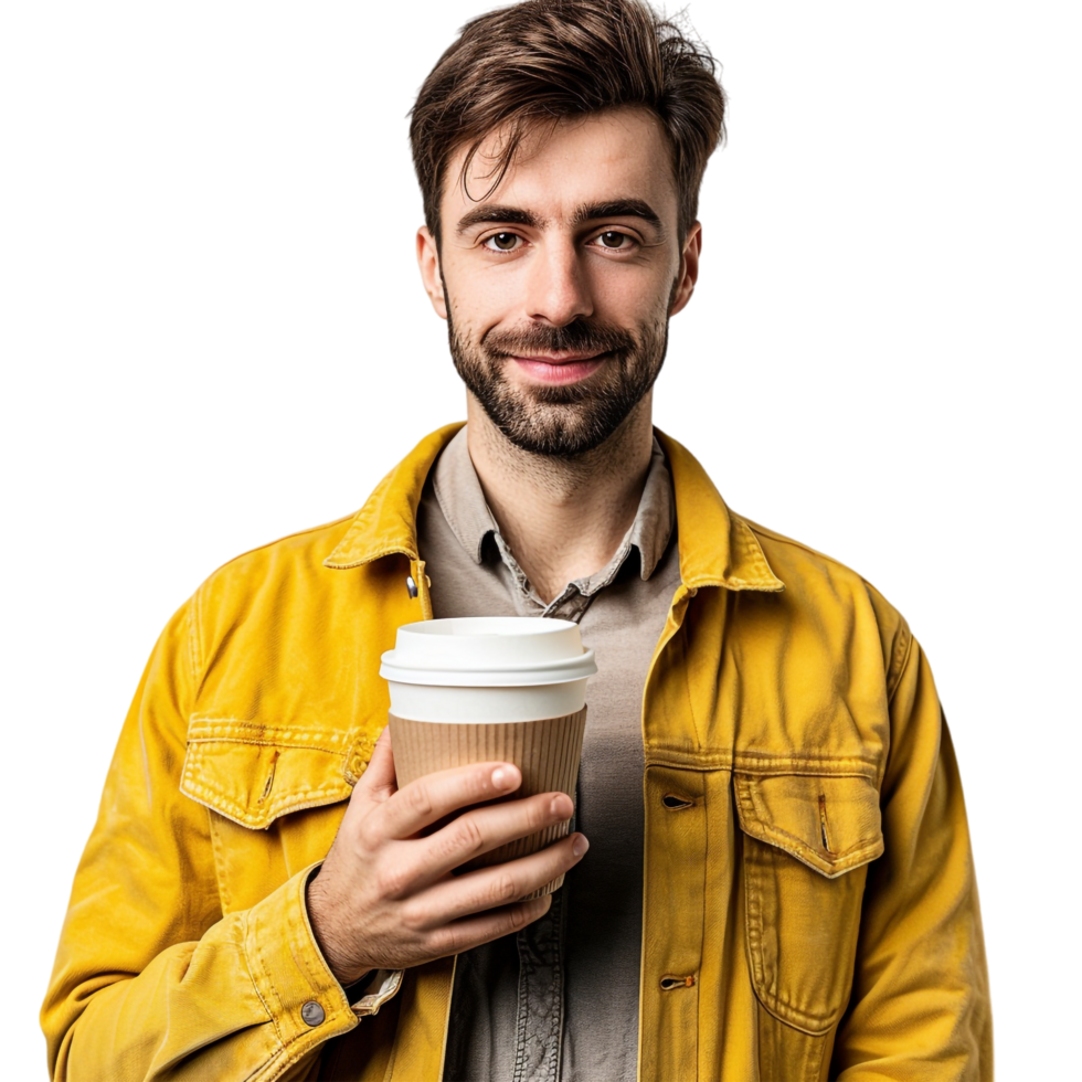 Man with paper cup of coffee isolated on transparent png