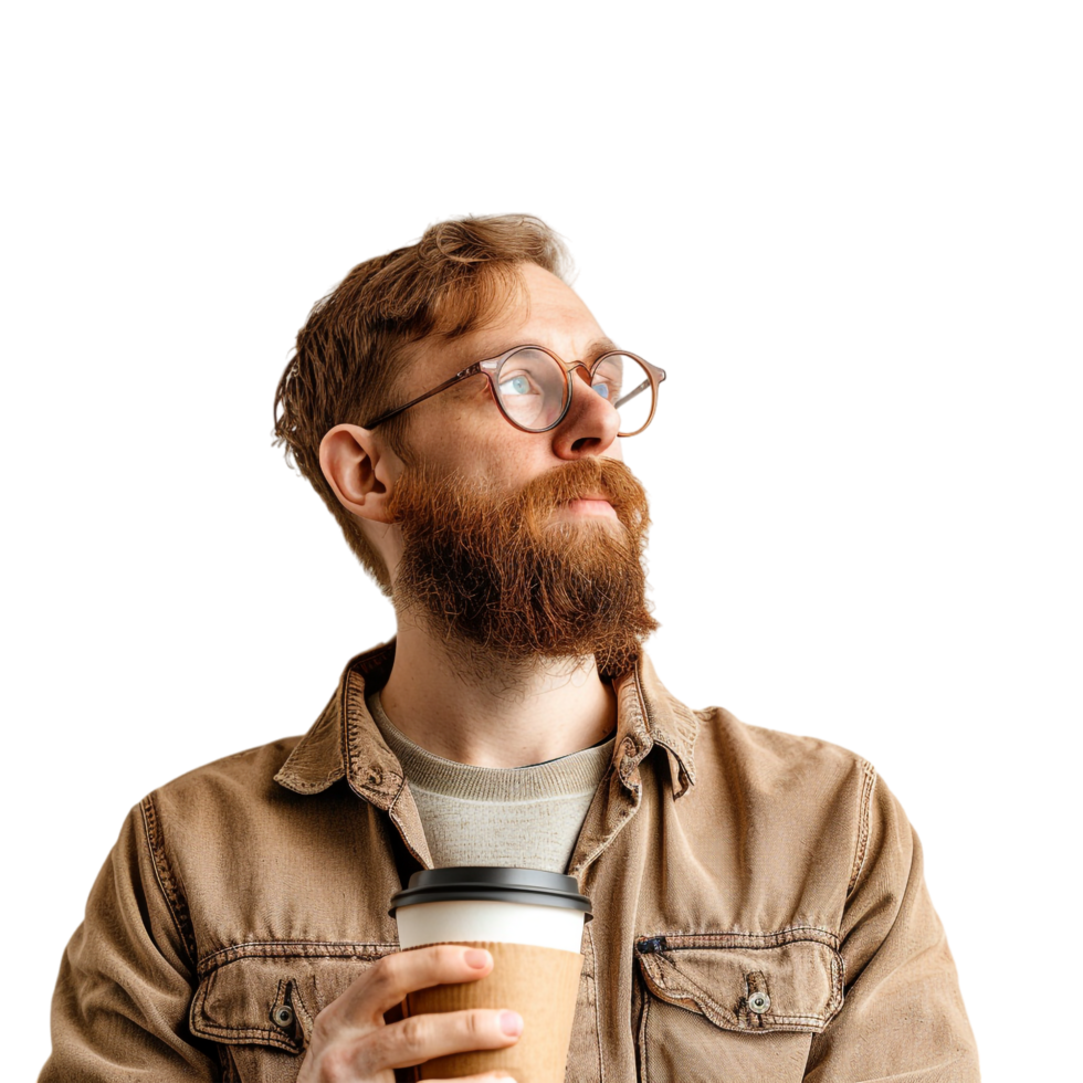 Man with paper cup of coffee isolated on transparent png