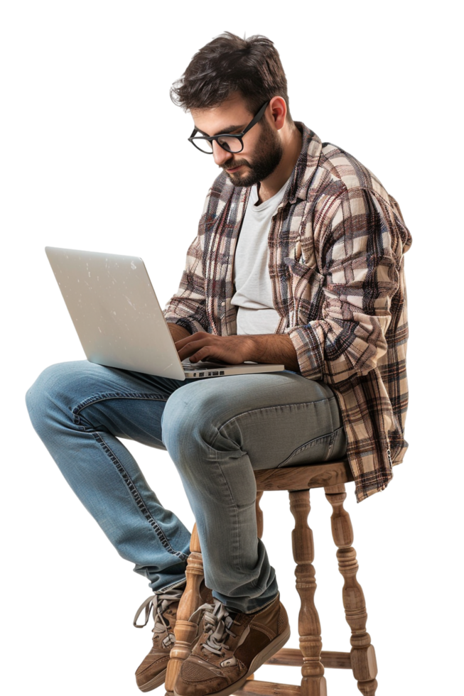 Man with crossed legs using laptop alone against transparent background png