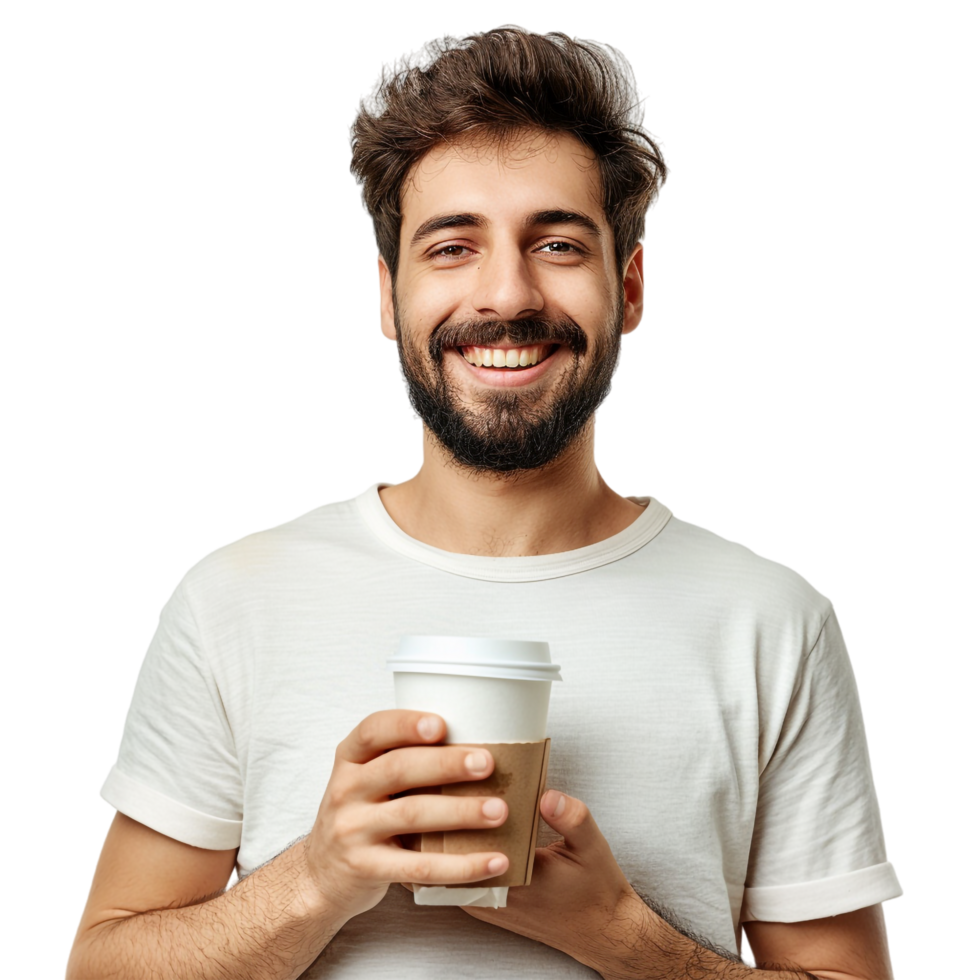 Man with paper cup of coffee isolated on transparent png