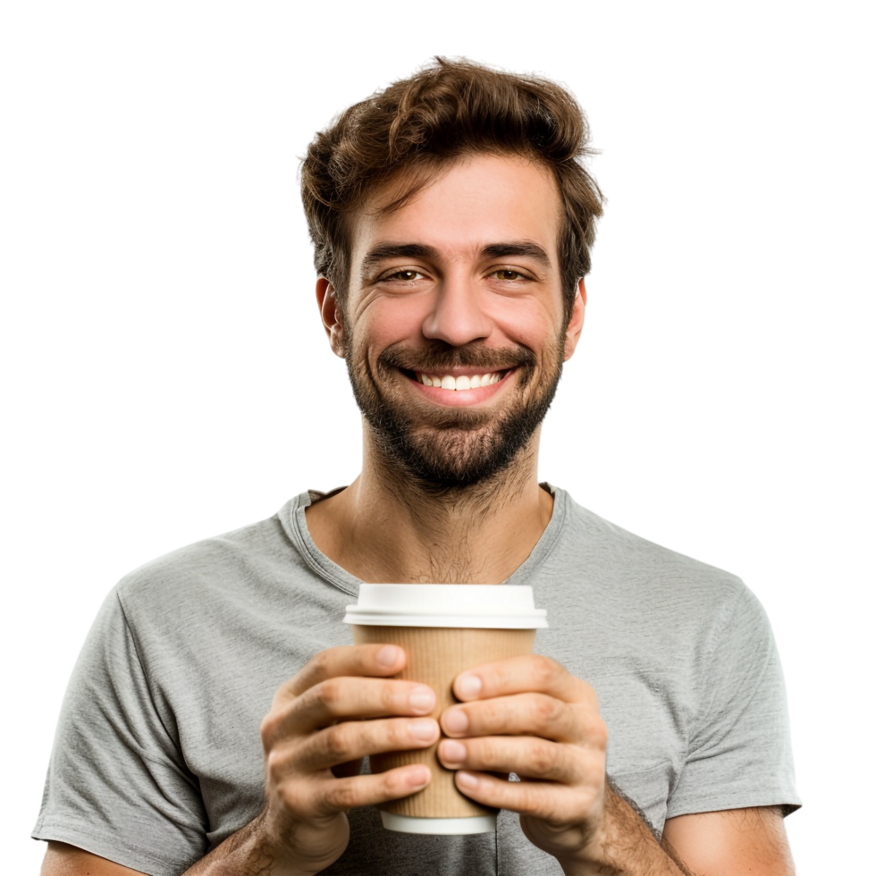 Man with paper cup of coffee isolated on transparent png